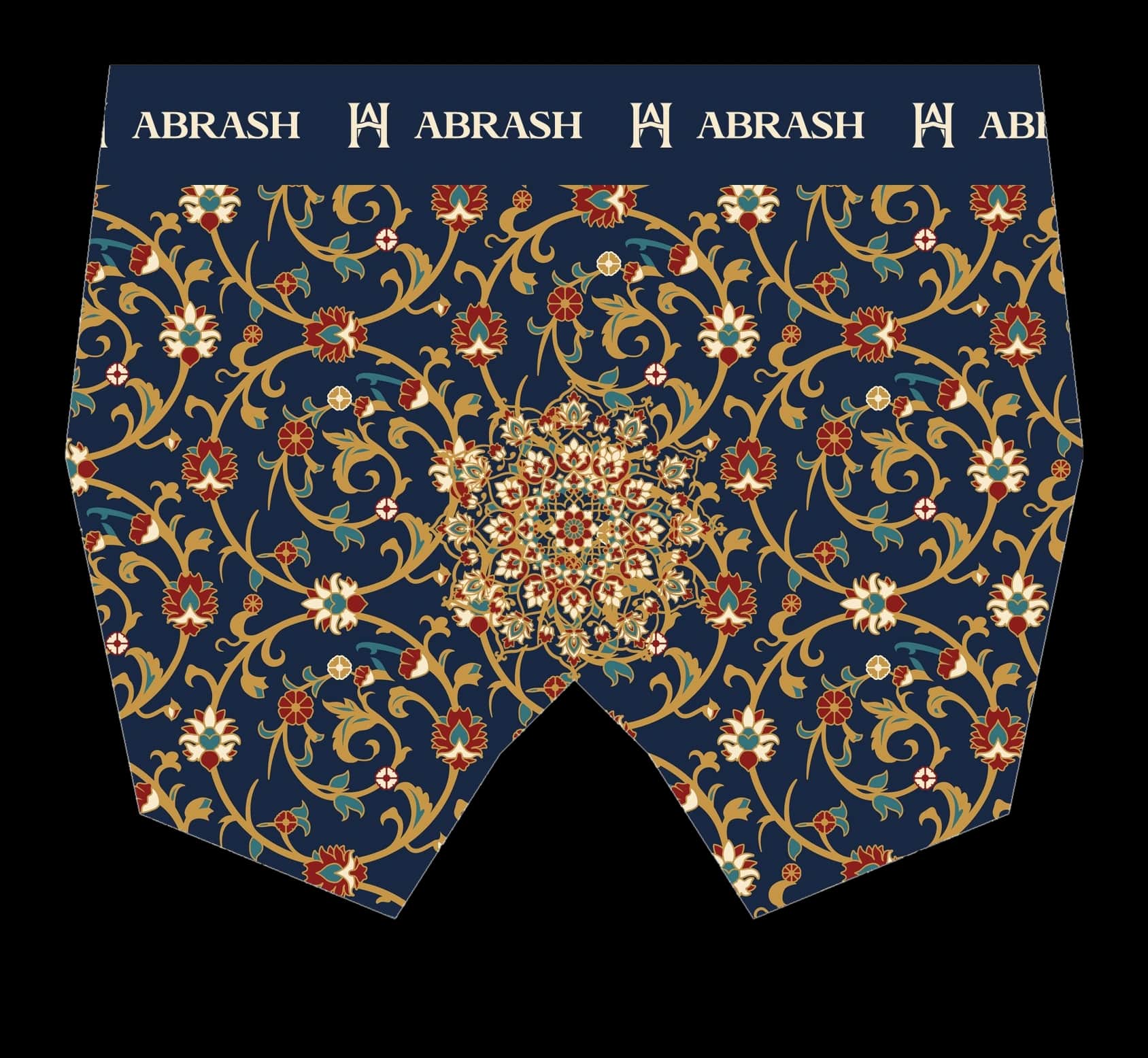 Flat design of the Tabriz boxer brief: the all-over pattern across the whole garment, a medallion centred at the front, and a woven waistband repeating the ABRASH wordmark and the monogram.