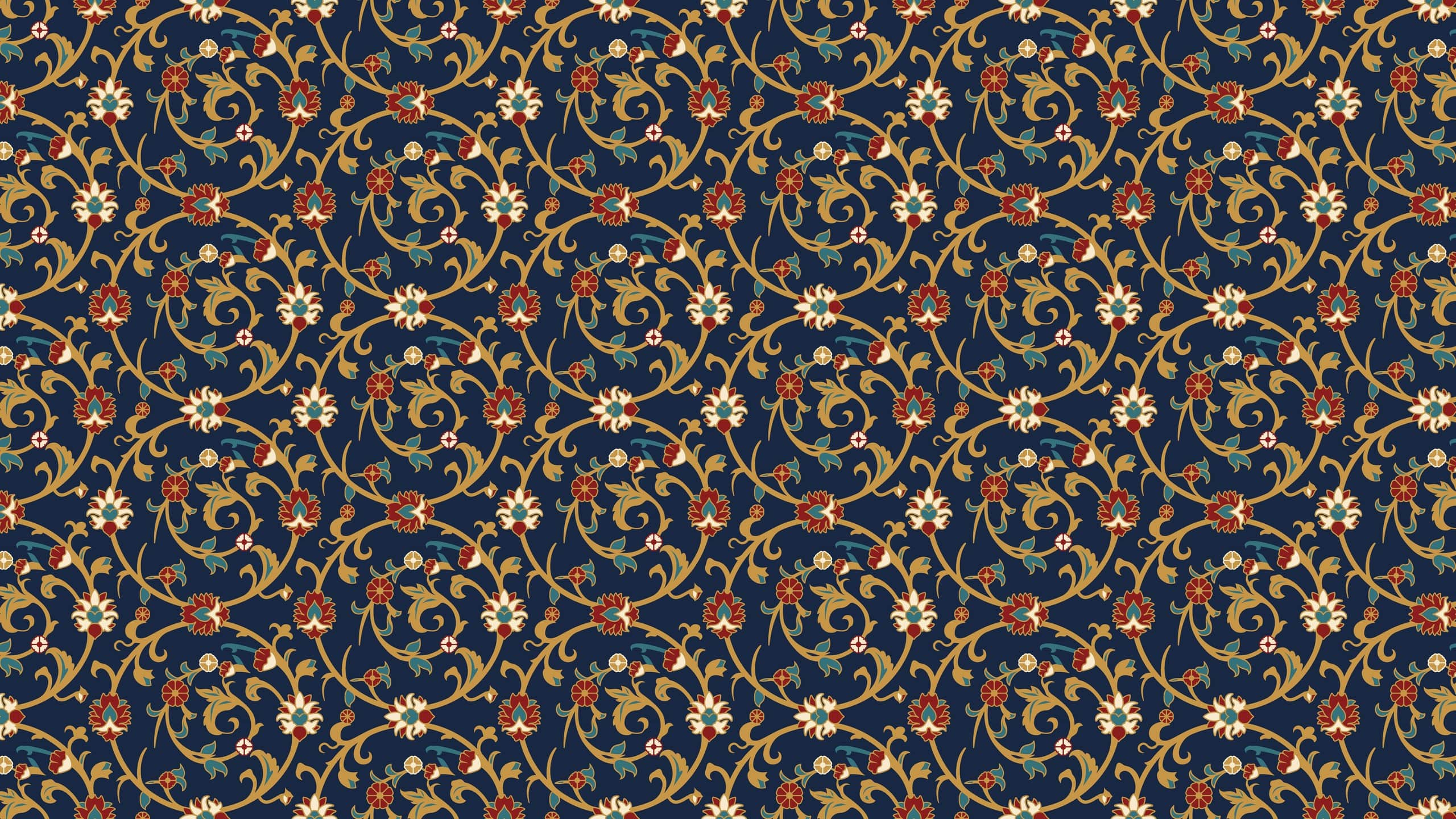 The Tabriz pattern: a gold vine scroll with red, cream and teal blossoms on deep navy.