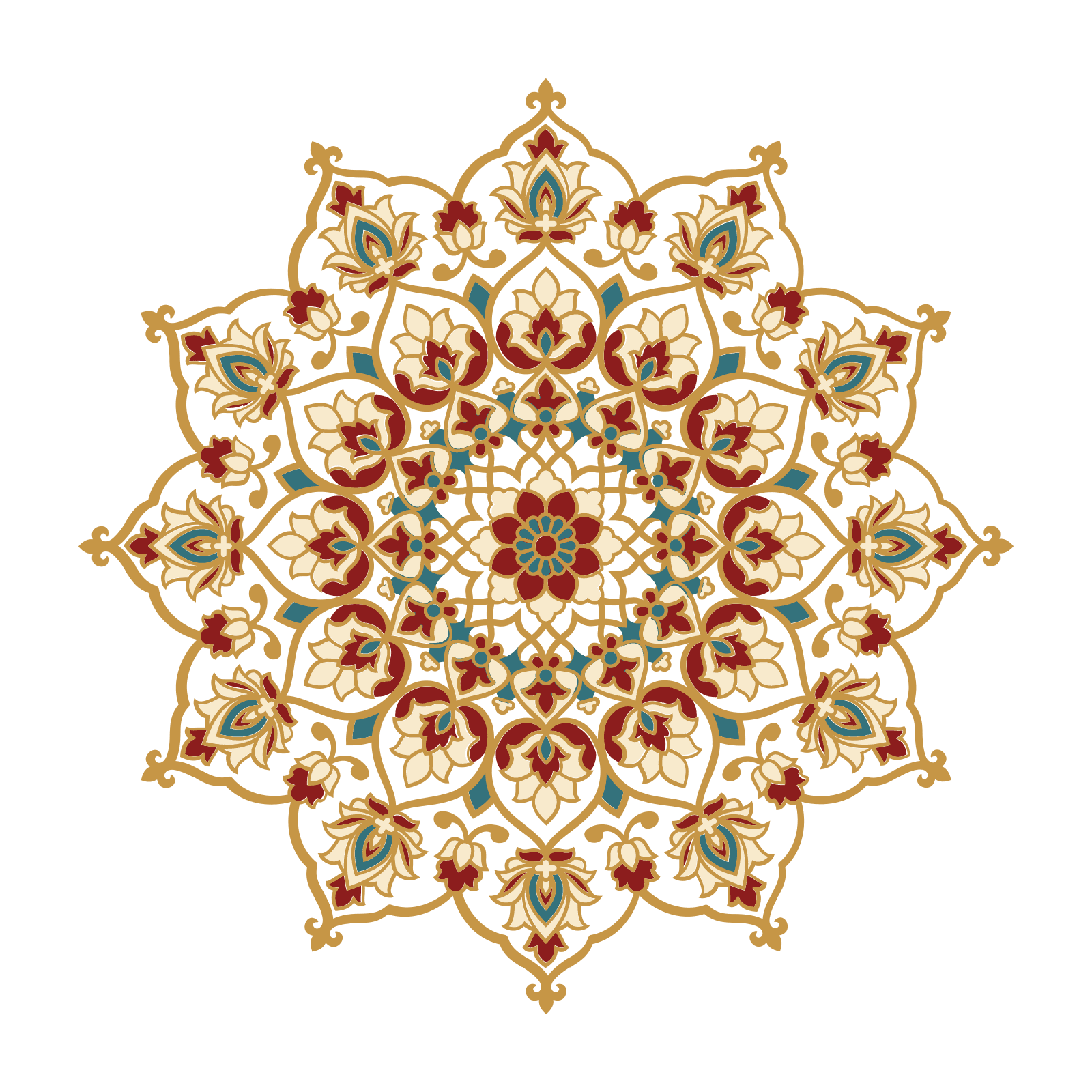 The Tabriz medallion: a sixteen-pointed rosette of cream and red blossoms inside a gold outline, on a transparent ground.